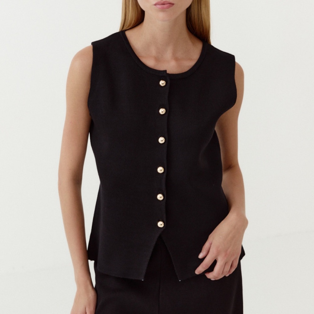 Zara Waistcoat Black Ribbed with Gold Huttons